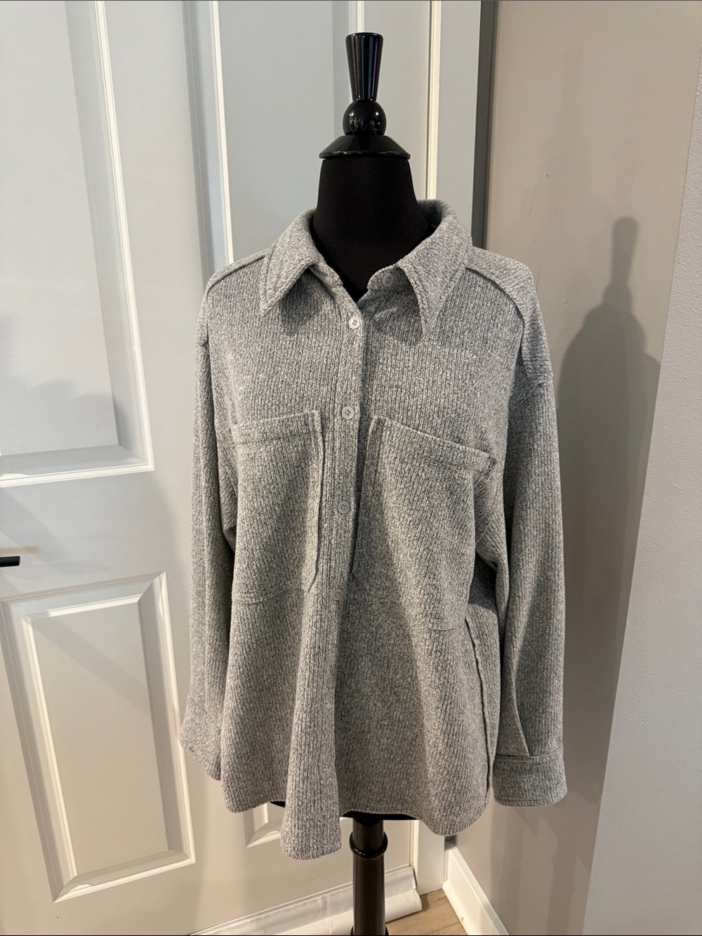 Cozy Gray Teddy Shirt Jacket - Women's Button-Up Teddy Coat